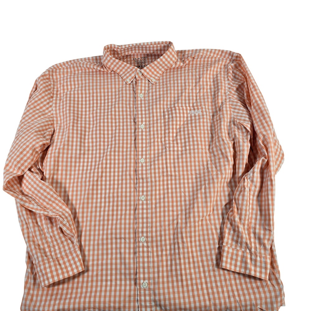 Huk Performance‎ Fabrics Orange Gingham Button Down Shirt Men's XXL Long Sleeve